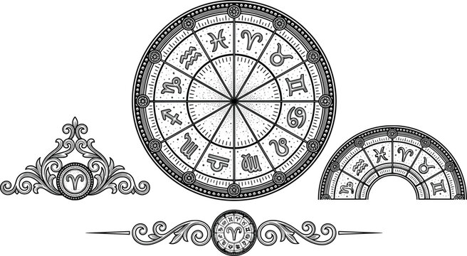 Vintage zodiac wheel and decorative elements with astrological signs transparent background