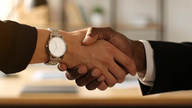 Close-up on a two-handed handshake, conveying extra warmth, trust, and reassurance, 4K Video.