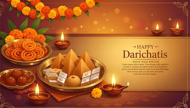 Happy Dussehra Festive Horizontal Banner Displaying Traditional Indian Sweets Jalebi Gulab Jamun Kaju Katli with Burning Diya Lamps and Marigold Garlands