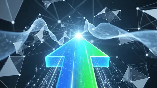 A glowing digital arrow ascends through a complex network of data connections