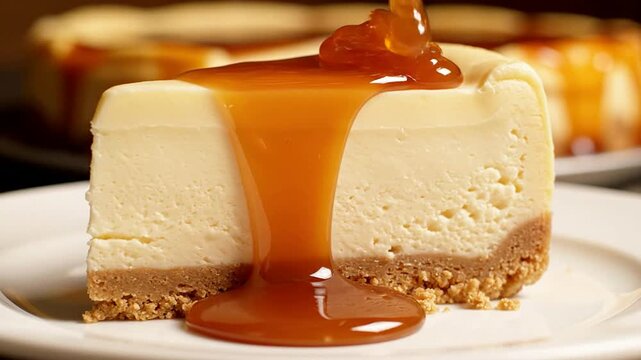 Caramel Syrup Falling In A Slow Ribbon Over A Creamy Cheesecake Slice On A Pristine White Plate In Stunning 4K Video