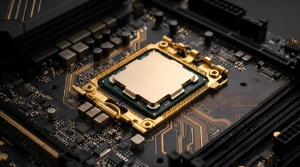 Fototapeta premium Close-up of a golden CPU processor chip mounted on a dark motherboard, highlighting advanced computer hardware and technology