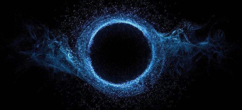 A dark void surrounded by swirling blue light and particles