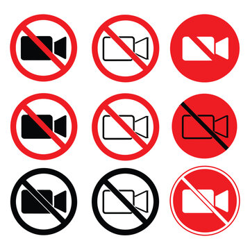 Video prohibited icon set vector set, blocked camera symbols, no video signs, privacy protection