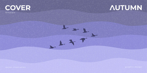 Fototapeta premium Autumn Cover Template with Flying Birds. Modern autumn vector illustration with flock of flying birds on layered blue waves of sky. Ideal for seasonal banners, social media, presentations, branding.