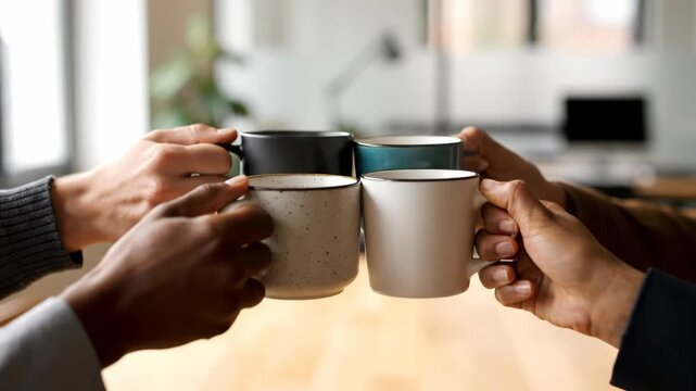 Close-up shot of three or four diverse hands raising their coffee mugs and gently clinking them together, 4K Video.