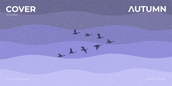 Autumn Cover Template with Flying Birds. Modern autumn vector illustration with flock of flying birds on layered blue waves of sky. Ideal for seasonal banners, social media, presentations, branding.