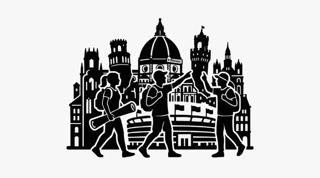 Silhouette of musicians performing in front of city skyline.