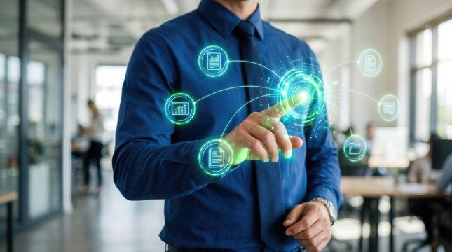 Businessman touching a virtual screen with a business intelligence dashboard for data analytics.