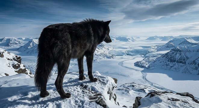 Majestic Black Wolf Standing on a Snowy Mountain Cliff Overlooking a Frozen Arctic Glacier Landscape
