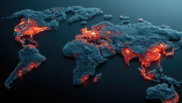 World map with glowing city lights showing population density and connections