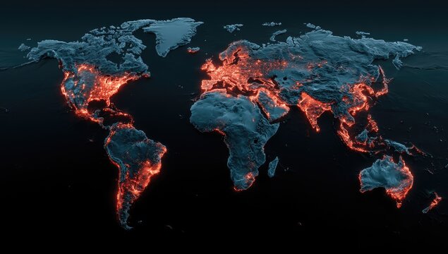 A glowing, textured 3D map of Earth at night showing illuminated population centers