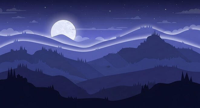 Moonlit cityscape with snowy mountain backdrop.
