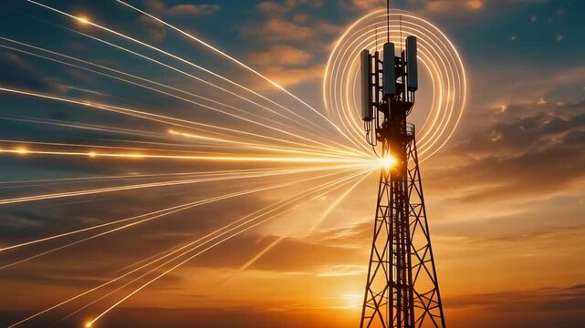 Telecommunications Tower with Radiating Signal Waves at Sunset, Representing Wireless Connectivity, Data Transmission, and Modern Digital Communication
