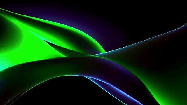 Abstract background with flowing green and blue light waves on black.