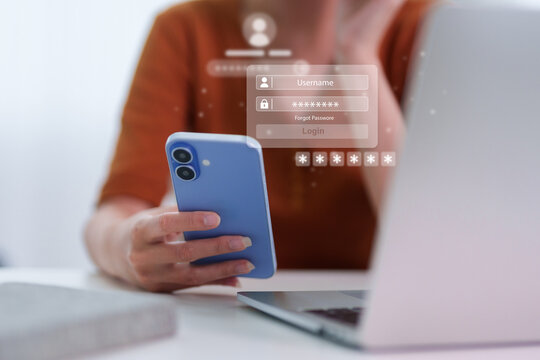 Cybersecurity and data protection concept with smartphone user entering login credentials on secure digital authentication interface