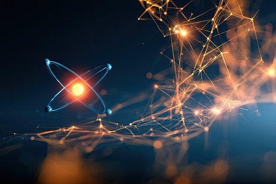 Glowing atom nucleus orbiting with connected luminous digital network