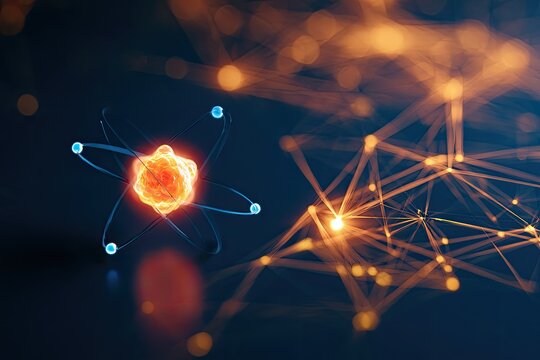 Abstract glowing atom with orbiting electrons and a complex network structure