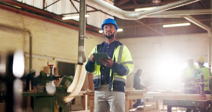 Carpenter, man and thinking in workshop with tablet, woodwork production or vision of furniture design. Woodworker, person or carpentry designer in factory with tech, reflection or manufacturing idea