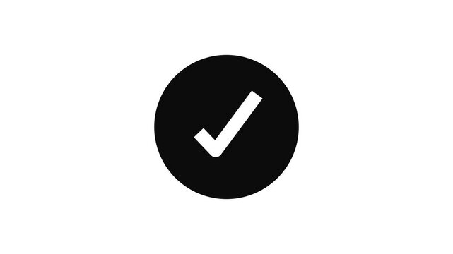 Animated reveal of a white checkmark icon in a b circle. Isolated on a black background.4k animation video.
