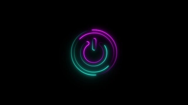 Neon glowing power button icon animation. Neon light power button turning on and off 4k video.