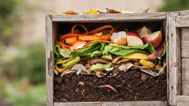Wooden compost bin filled with fresh fruit and vegetable scraps, eggshells and dark soil with a visible earthworm, organic recycling and zero waste gardening concept for gentle sustainable composting