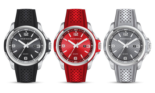 Realistic steel watch chronograph black red white set collection rubber strap on white background design modern luxury for men fashion vector