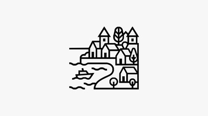 Fototapeta premium Sleek Black and White Minimalist of a Quaint Village Surrounded by Nature and a River with high quality professional line art symbols for modern creative design and digital branding projects