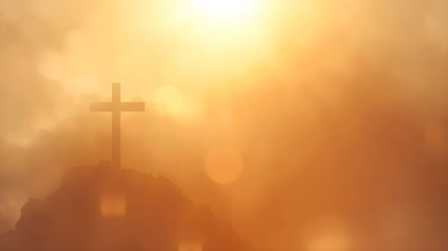wooden christian cross with warm golden light on elegant background
