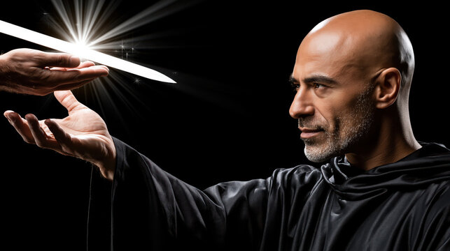 Bald man black robe glowing sword male face dramatic lighting dark background spiritual scene fantasy concept strong profile intense gaze Bald man black robe reaches toward glowing sword offered