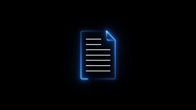 Document File Neon Icon with Glowing Blue Outline and Text Lines on Dark Minimal Background Representing Digital Document Management Design