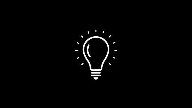 An animated light bulb is flashing on a black background. Alpha channel.Motion graphic 4k animation video.
