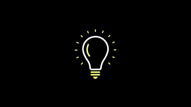 An animated light bulb is flashing on a black background. Alpha channel.Motion graphic 4k animation video.