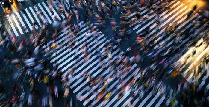 Blurry, high-angle view of a busy crosswalk with blurred people