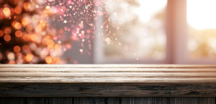 Wooden table foreground with festive bokeh lights and warm sunlight filtering through
