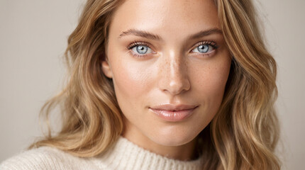 Naklejka premium A stunning close-up portrait of a beautiful blonde woman with bright blue eyes ideal for promoting natural skincare and flawless cosmetic beauty