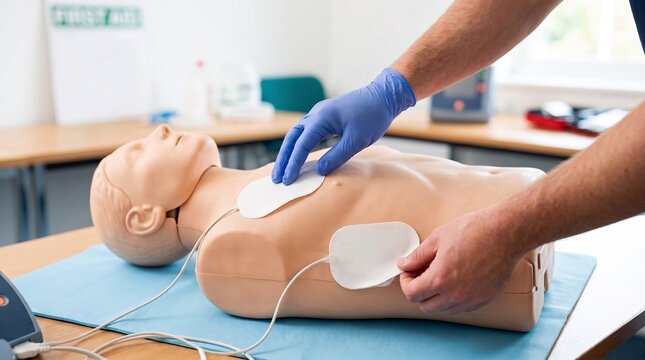 Hands In Blue Gloves Applying AED Pads To Medical Training Mannequin Torso, Professional First Aid Education And Emergency Response Simulation