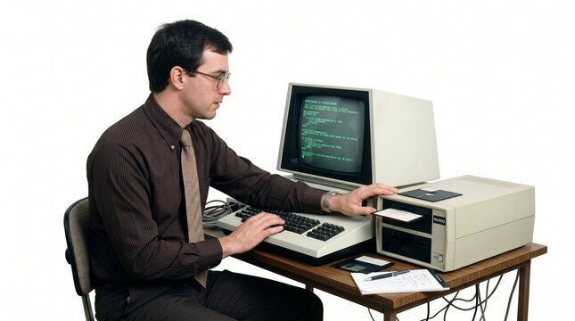 Man wearing glasses and a brown shirt with a tie inserting a floppy disk into an old computer system with a green screen monitor displaying code isolated on white background