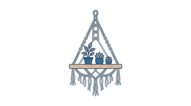 Hanging macrame plant shelf with potted succulents.