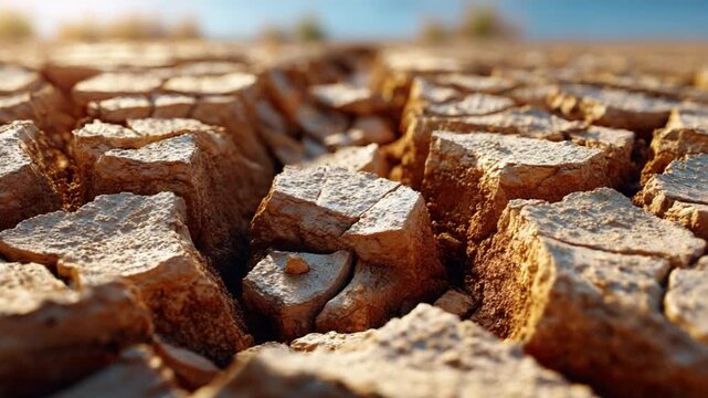 Cracked Earth in Drought: The parched and cracked earth under a relentless sun symbolizes the harsh reality of drought and environmental hardship.