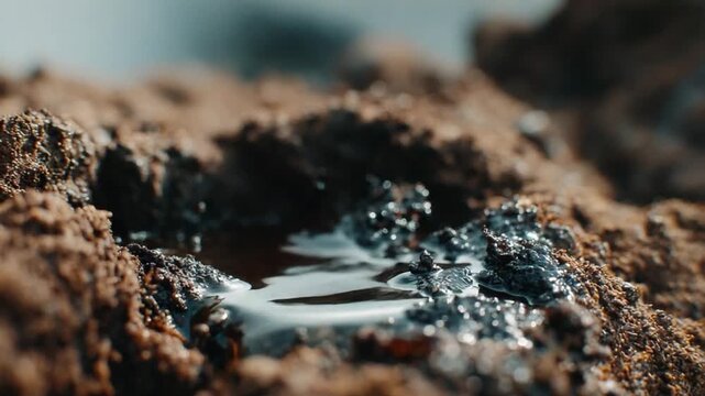 Oil Spill on Beach Sand: A close-up macro shot reveals the stark reality of an oil spill, with viscous black oil contaminating the brown sand and a small pool of water reflecting the bleakness.