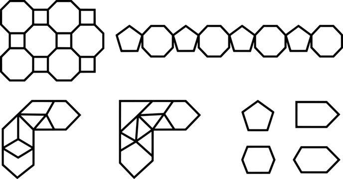 Geometric seamless patterns and decorative elements with polygons and octagons transparent background