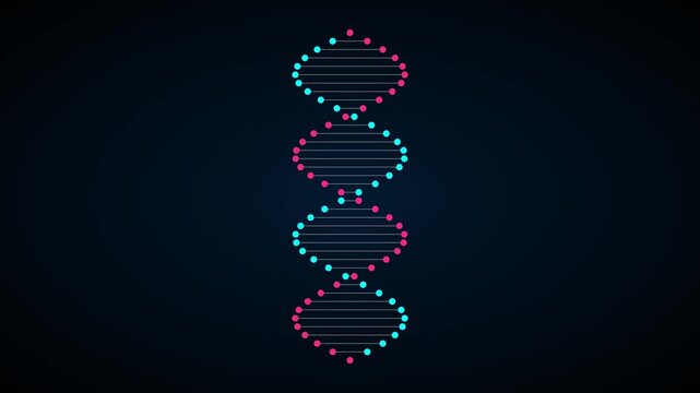 Rotating dna helix animation, neon pink and blue genetic code structure on dark 4k background, for biotechnology and, medical science research