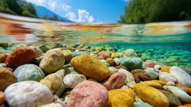 Pebble Riverbed with Underwater View: A vibrant underwater view of a clear river showing colorful pebbles and rocks, with a glimpse of the surface and greenery above.