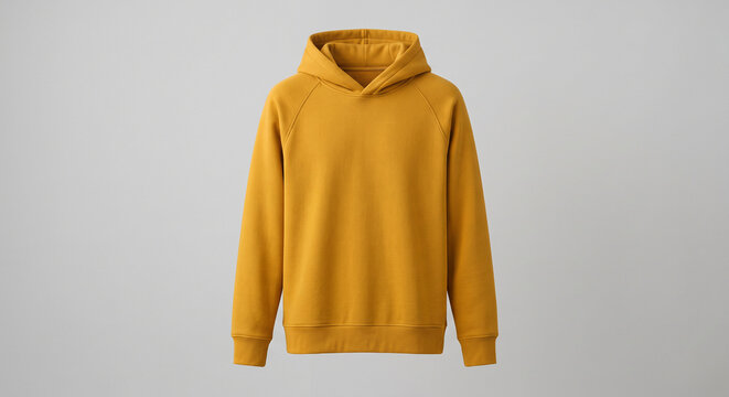 Plain mustard yellow hoodie sweatshirt isolated on a light gray background with no people visible and copy space