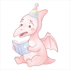 Cute Confused Pterodactyl Reading a Book with Party Hat in Soft Pastel Pink Watercolor Style, Flat Vector Illustration Isolated on White Background  © Mae
