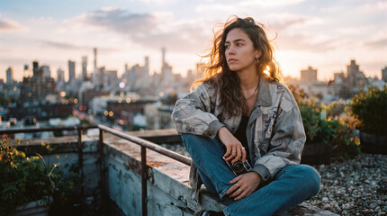 Fototapeta premium A thoughtful young woman sitting comfortably on a city rooftop at sunset overlooking the urban landscape suitable for travel and lifestyle concepts