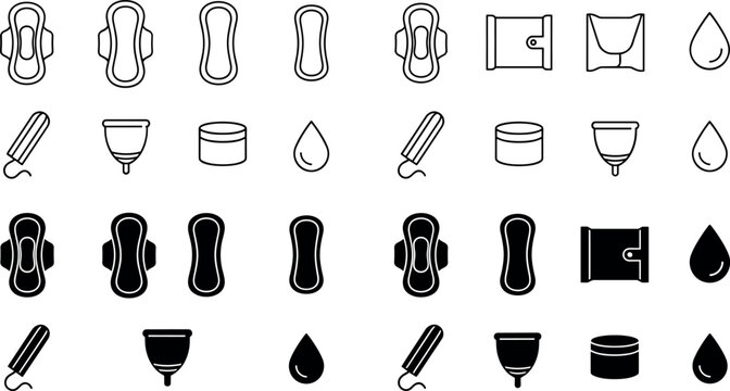 Comprehensive Set of Feminine Hygiene and Menstrual Care Product Icons Featuring Various Styles of Sanitary Pads, Tampons, Menstrual Cups, Packaging, and Drop Symbols in Both Outline and Solid Designs
