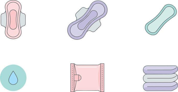 Set of Feminine Hygiene and Menstrual Care Product Icons Featuring Sanitary Pads, Panty Liners, and Packaging