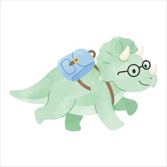Cute Running Triceratops Wearing Nerd Glasses and Backpack in Soft Pastel Green Watercolor Style, Flat Vector Illustration Isolated on White Background  © Mae